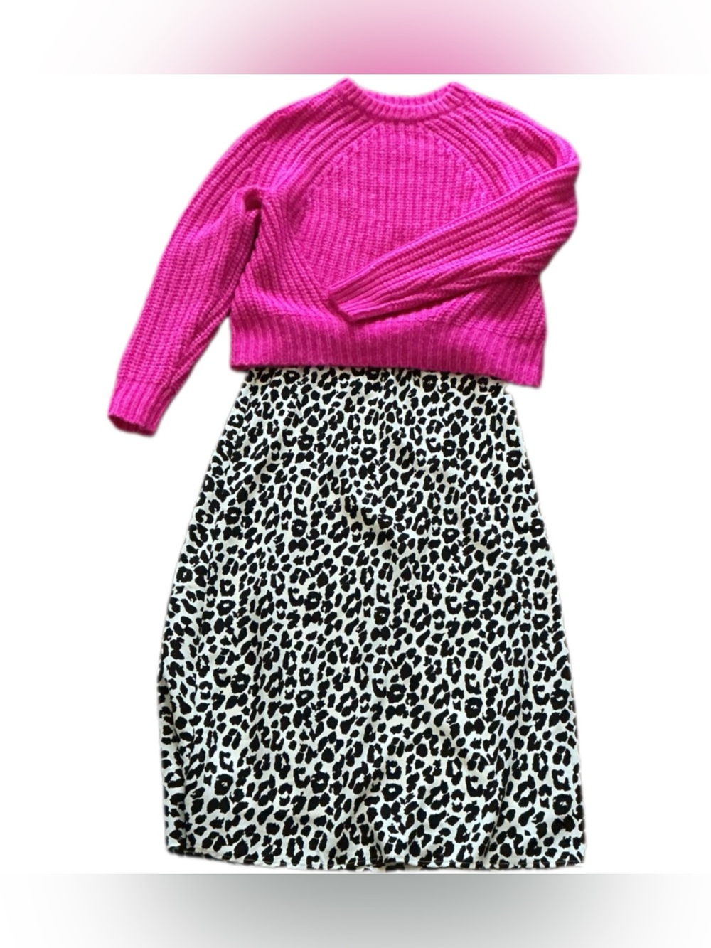 A New Day Hot Pink Sweater with A New Day Black & White Leopard Midi Skirt